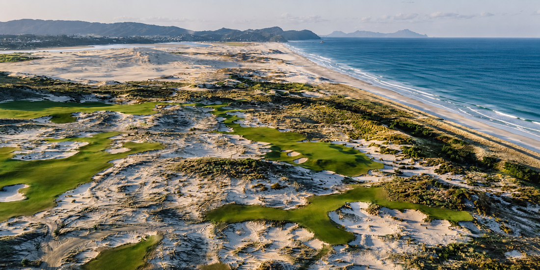 Aerial view of Tara Iti Golf Club, showing fescue fairways and exposed sand dunes running alongside Te Arai Beach, with the Pacific Ocean and distant headlands beyond