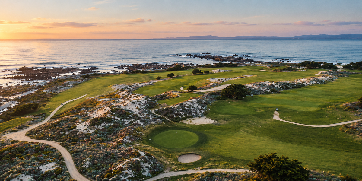 Pacific Grove Golf Links’ coastal holes, with greens and sandy dunes beside the Pacific at sunset